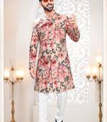 Men's peach swad velvet  self print design in fabric kurta set