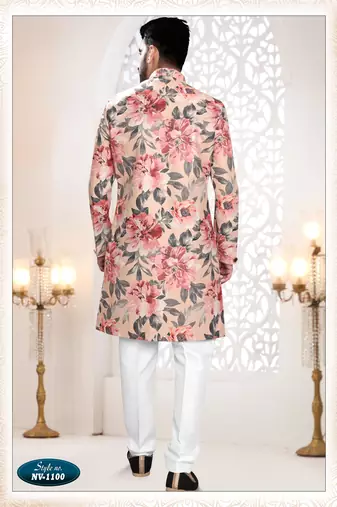 Men's peach swad velvet  self print design in fabric kurta set