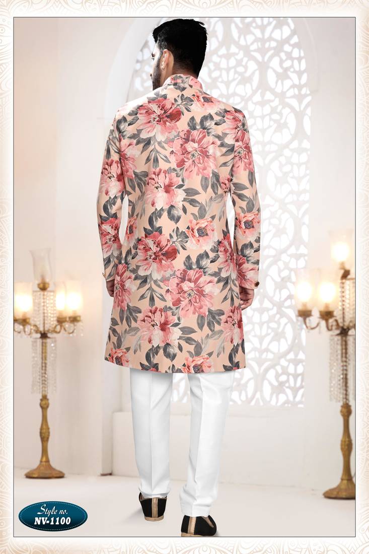 Men's peach swad velvet  self print design in fabric kurta set