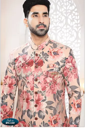 Men's peach swad velvet  self print design in fabric kurta set