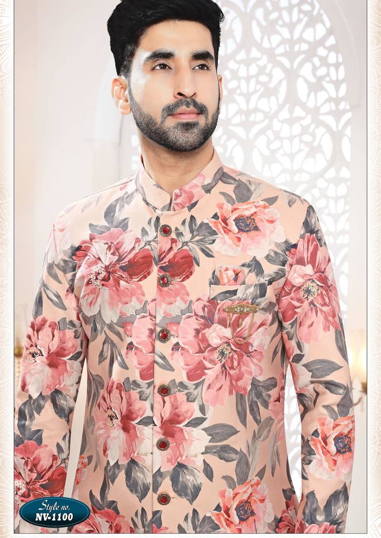 Men's peach swad velvet  self print design in fabric kurta set