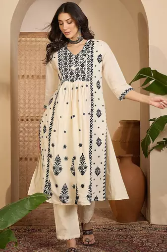 Beige khadi silk embroidered embroidery work top bottom set