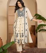 Beige khadi silk embroidered embroidery work top bottom set