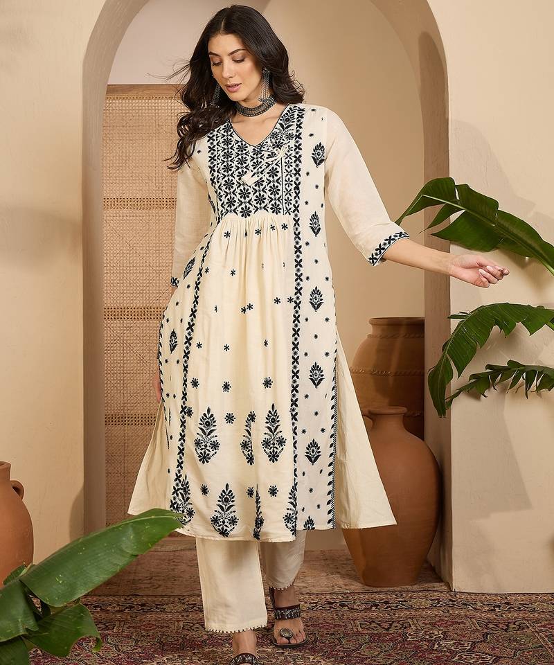 Beige khadi silk embroidered embroidery work top bottom set