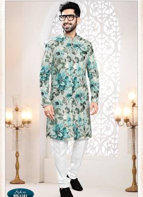 Men's bluish grey swad velvet self print design in fabric kurta set 1