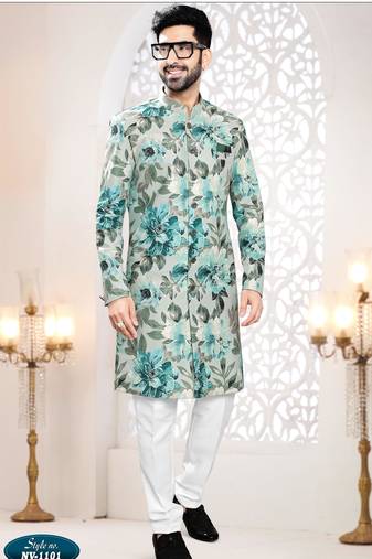 Men's bluish grey swad velvet  self print design in fabric kurta set