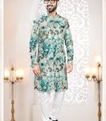 Men's bluish grey swad velvet  self print design in fabric kurta set