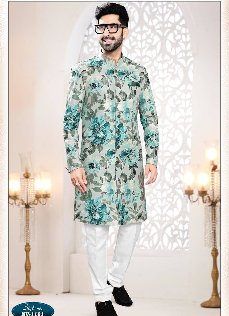 Men's bluish grey swad velvet  self print design in fabric kurta set