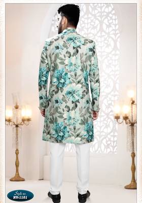 Men's bluish grey swad velvet self print design in fabric kurta set 2