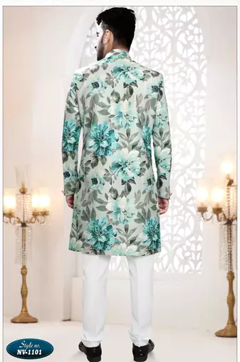 Men's bluish grey swad velvet  self print design in fabric kurta set