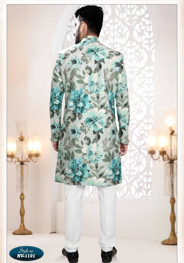 Men's bluish grey swad velvet  self print design in fabric kurta set