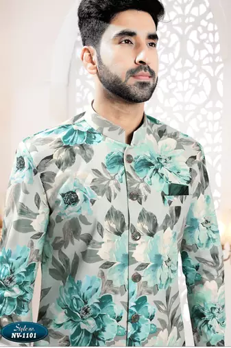 Men's bluish grey swad velvet  self print design in fabric kurta set