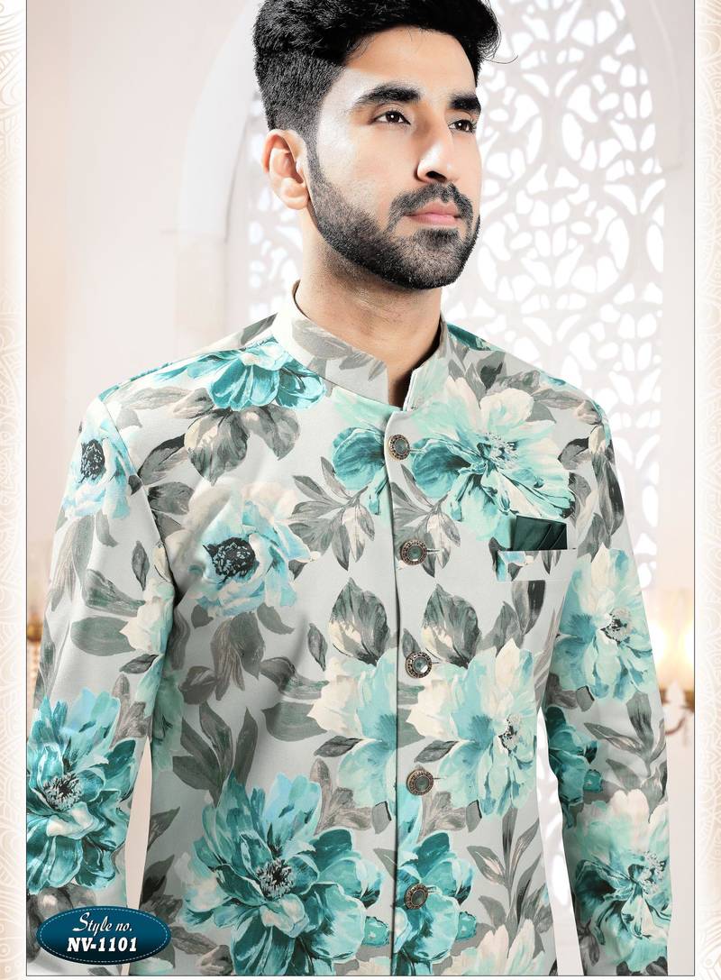 Men's bluish grey swad velvet  self print design in fabric kurta set