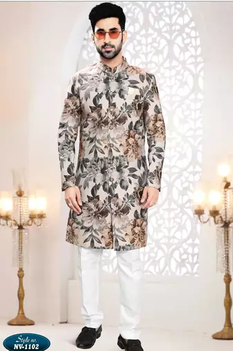 Men's fone swad velvet  self print design in fabricSherwani set