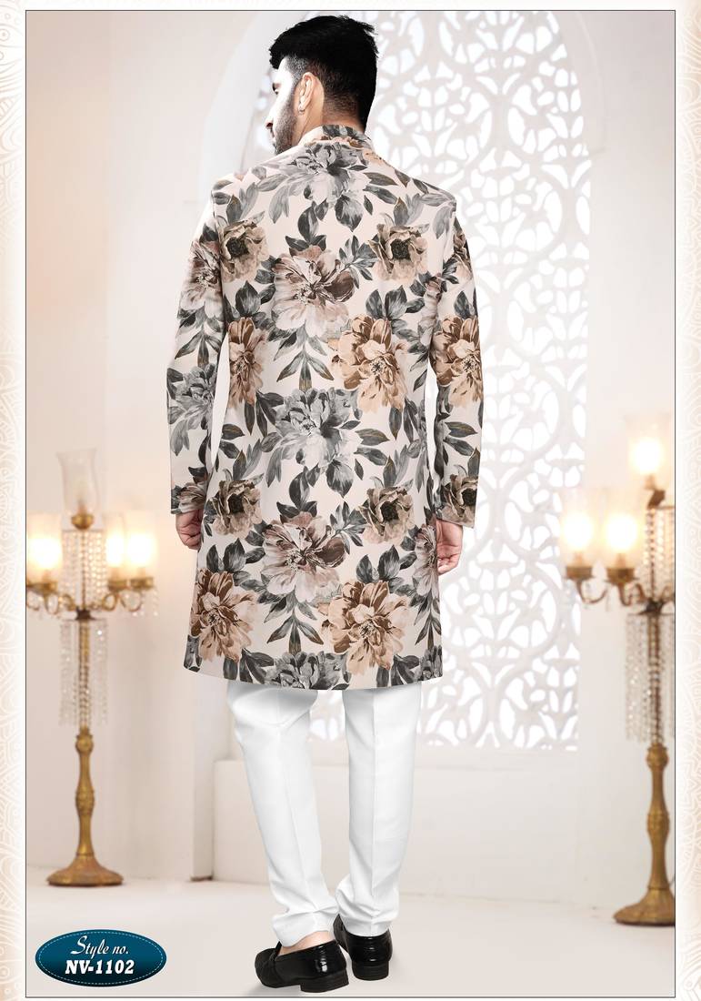 Men's fone swad velvet  self print design in fabric kurta set