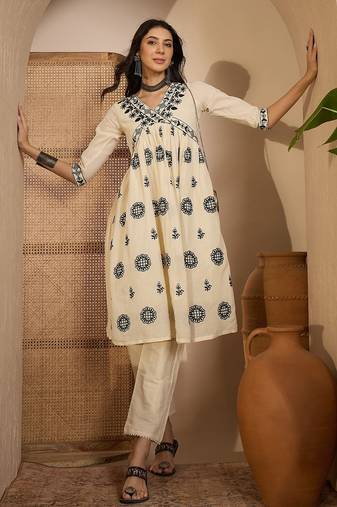 Beige khadi silk embroidered embroidery work top bottom set