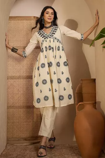 Beige khadi silk embroidered embroidery work top bottom set