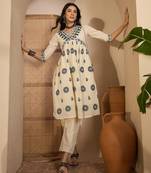 Beige khadi silk embroidered embroidery work top bottom set