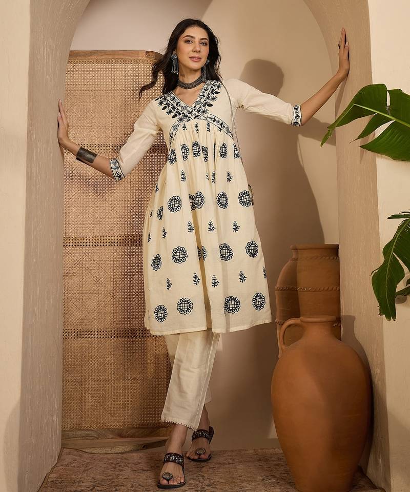 Beige khadi silk embroidered embroidery work top bottom set