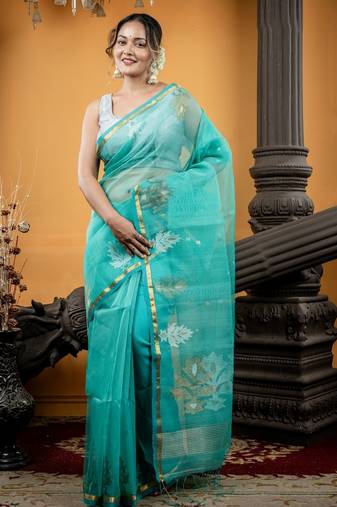 green hand woven silk blend cotton zari work all seasons sarees