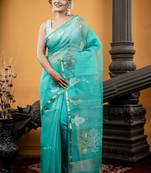 green hand woven silk blend cotton zari work all seasons sarees