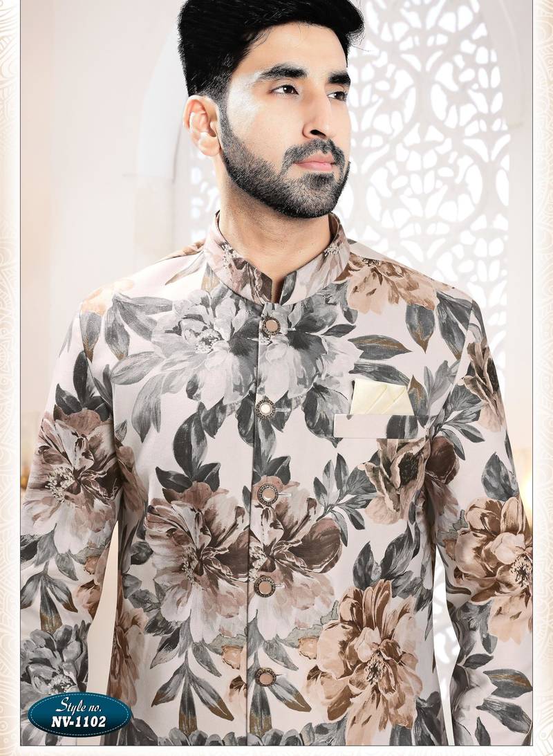 Men's fone swad velvet  self print design in fabric kurta set
