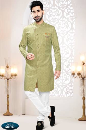 Men's green woven suede self design in fabric kurta set