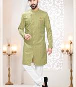 Men's green woven suede self design in fabric kurta set