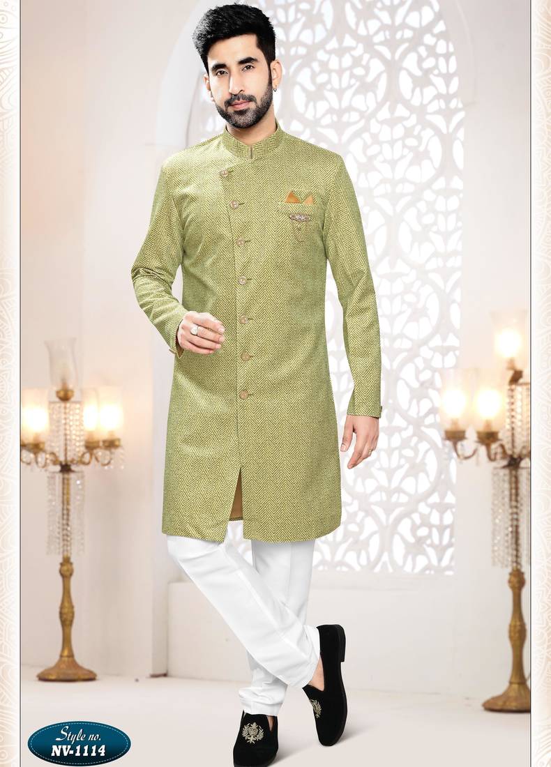 Men's green woven suede self design in fabric kurta set