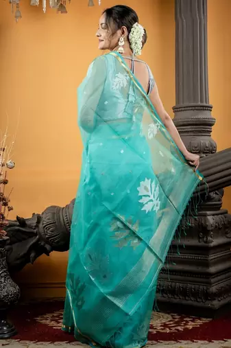 green hand woven silk blend cotton zari work all seasons sarees