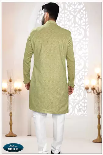 Men's green woven suede self design in fabric kurta set