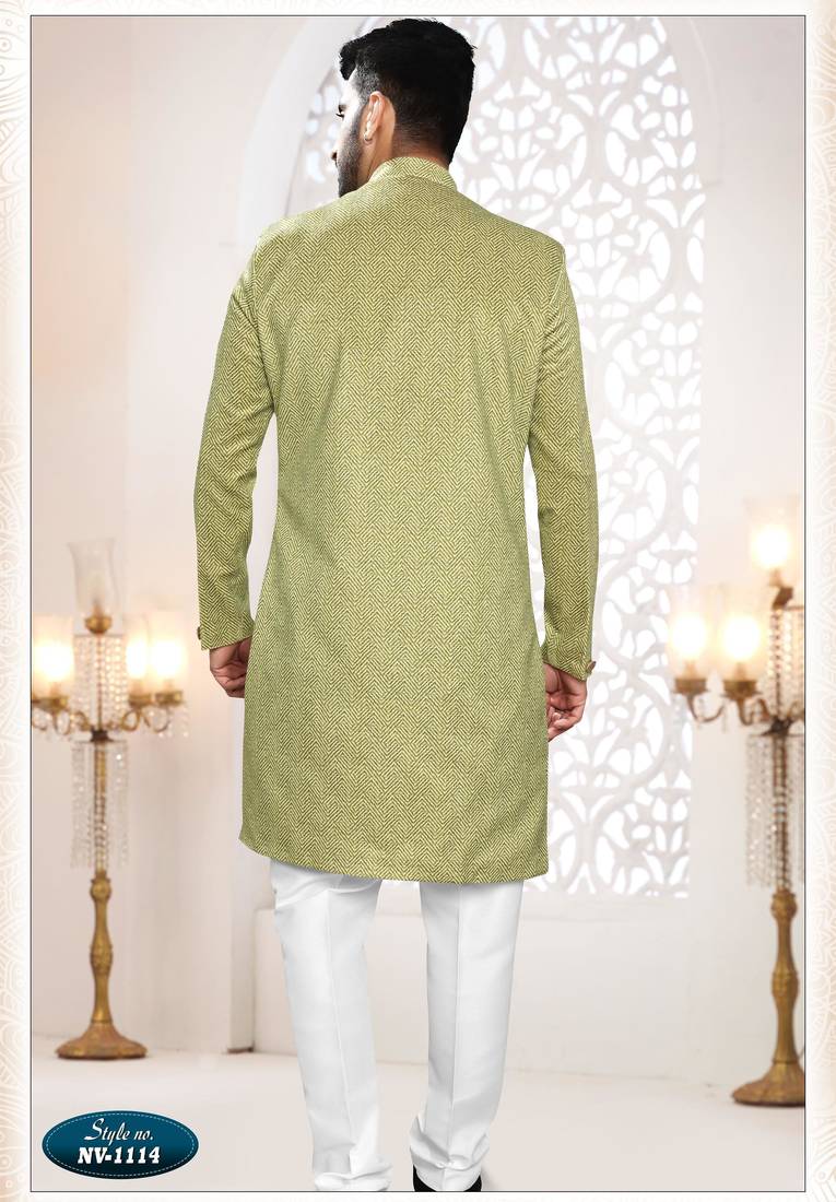 Men's green woven suede self design in fabric kurta set