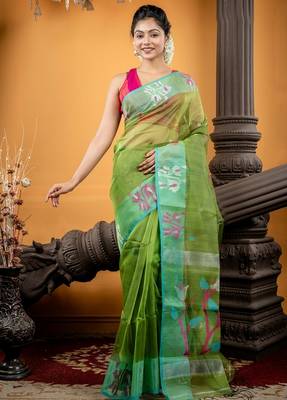 green hand woven silk blend cotton zari work all seasons sarees 1