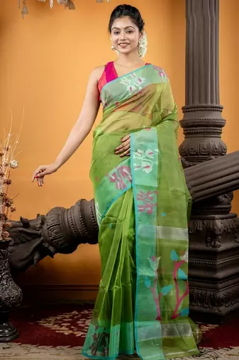 green hand woven silk blend cotton zari work all seasons sarees