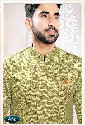 Men's green woven suede self design in fabric kurta set 3