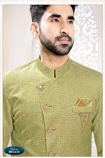 Men's green woven suede self design in fabric kurta set