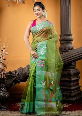 green hand woven silk blend cotton zari work all seasons sarees 3