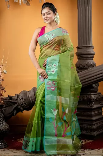 green hand woven silk blend cotton zari work all seasons sarees