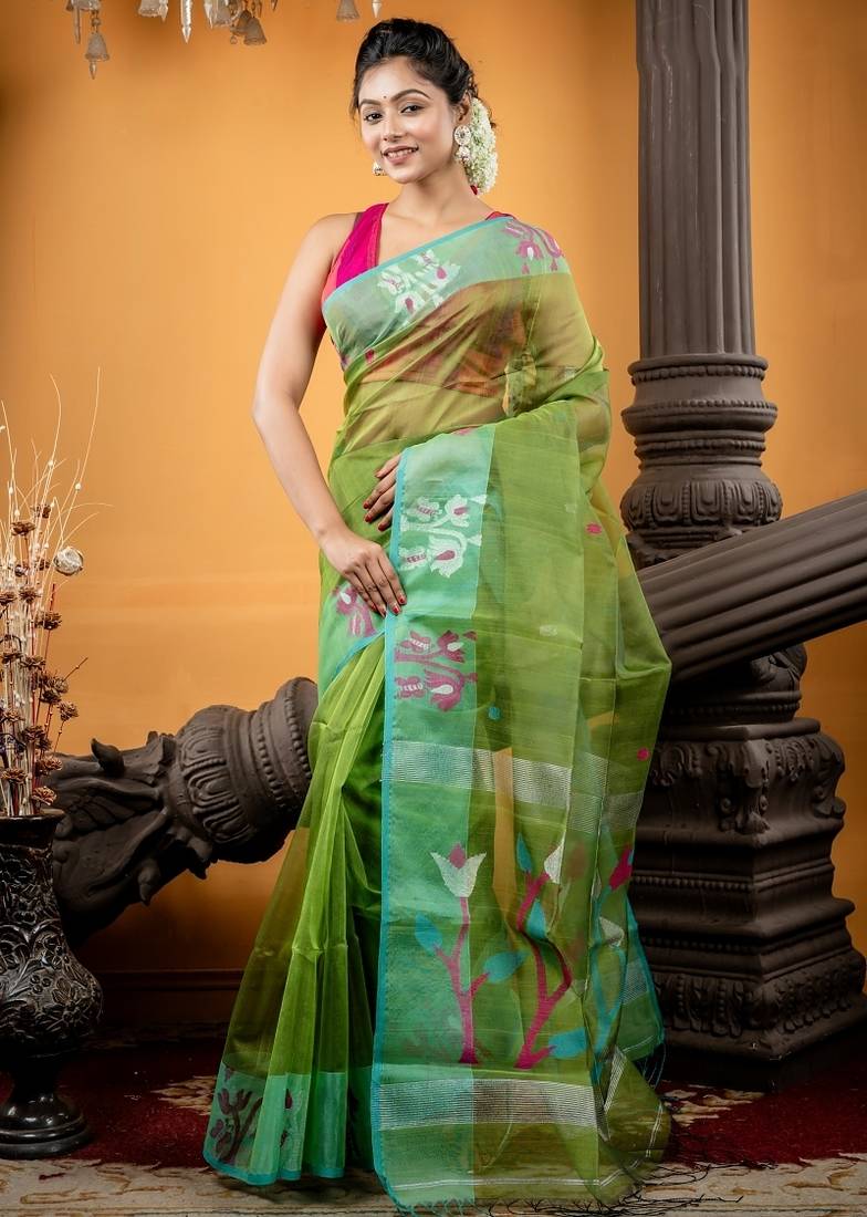 green hand woven silk blend cotton zari work all seasons sarees