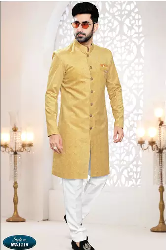Men's yellow woven suede self design in fabric kurta set