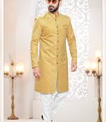 Men's yellow woven suede self design in fabric kurta set