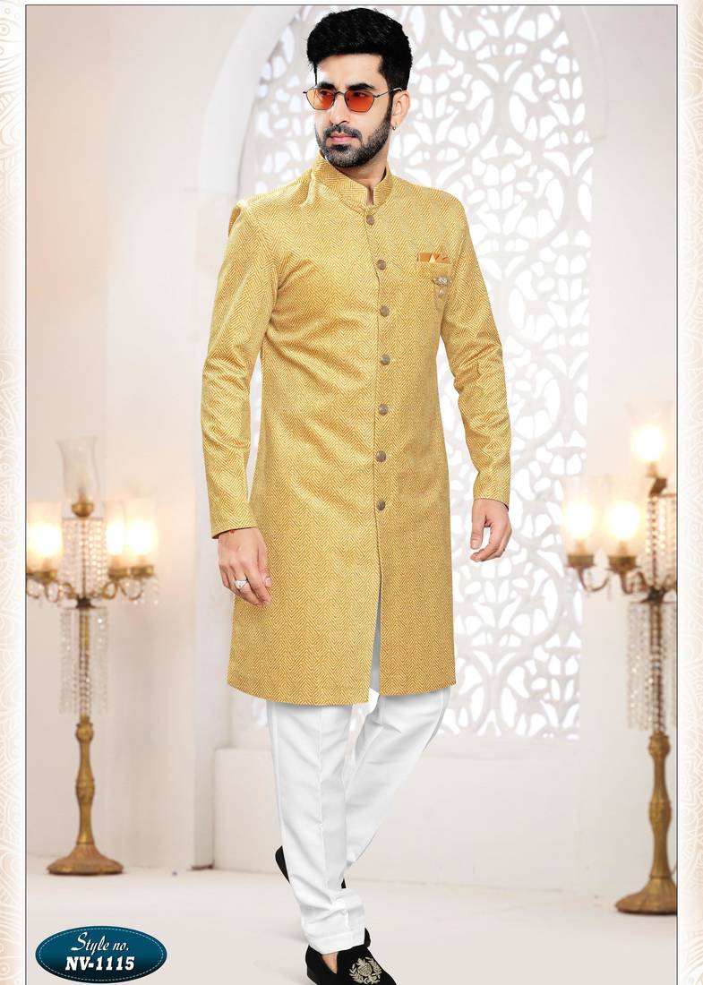 Men's yellow woven suede self design in fabric kurta set