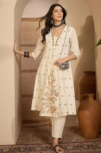 Beige khadi silk embroidered embroidery work top bottom set