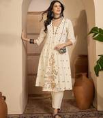 Beige khadi silk embroidered embroidery work top bottom set