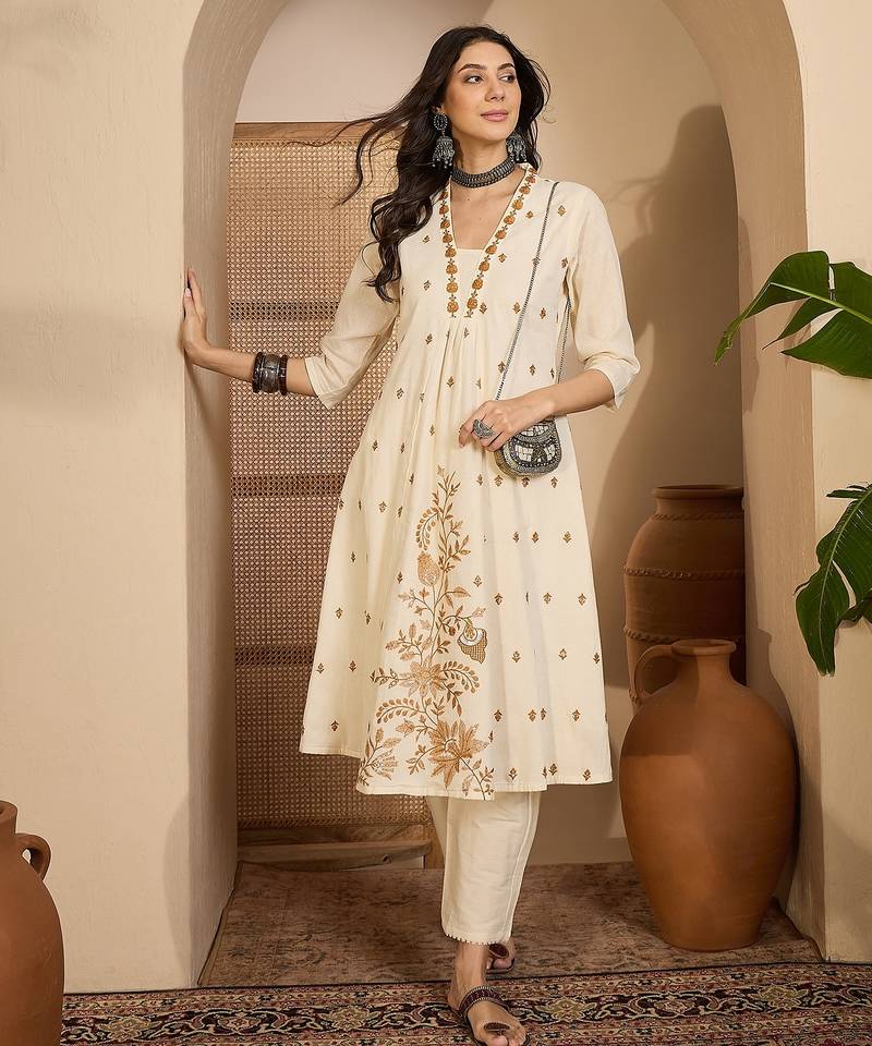 Beige khadi silk embroidered embroidery work top bottom set