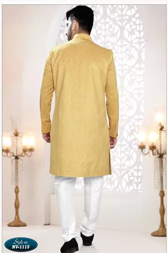 Men's yellow woven suede self design in fabric kurta set