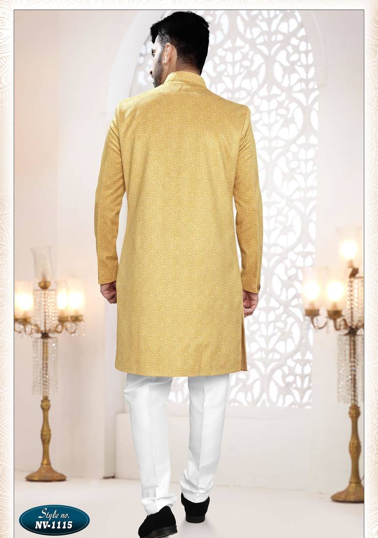 Men's yellow woven suede self design in fabric kurta set