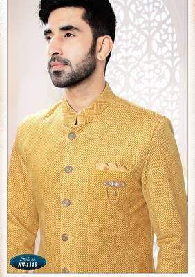 Men's yellow woven suede self design in fabric kurta set 3