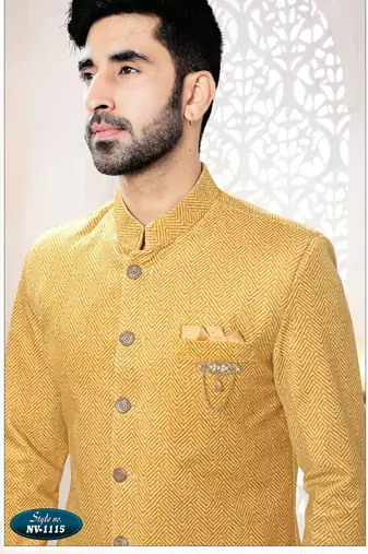 Men's yellow woven suede self design in fabric kurta set