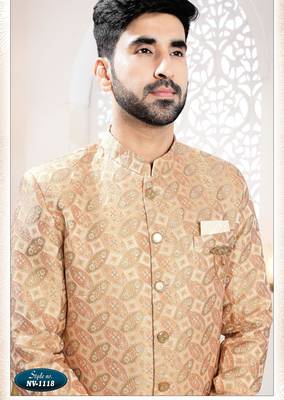 Men's Gold woven jacquard thread and sequence embroidery all over kurta set 3